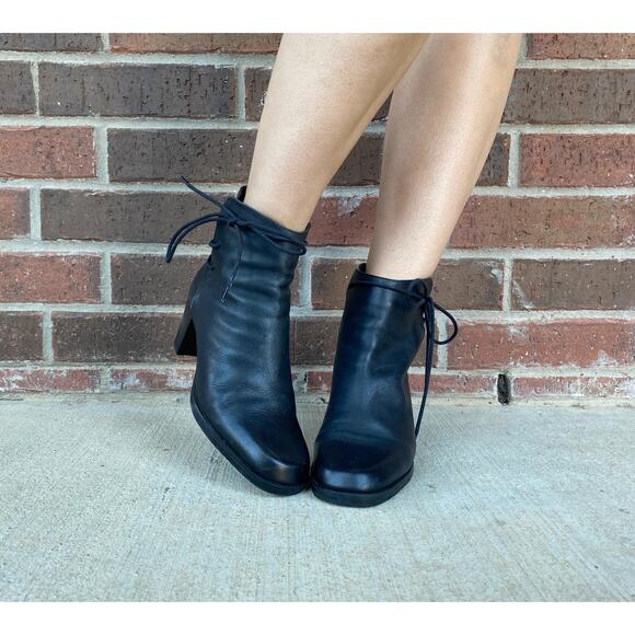 size 8 vintage y2k BLACK Lace Up Heels ANKLE BOOTIES chunky leather boots winter - Picture 6 of 9